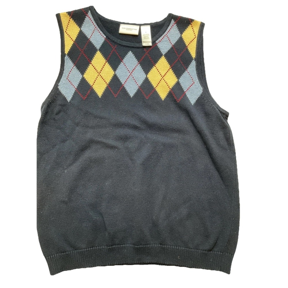Argyle Vest Cotton Liz Claiborne Size Large Spring Preppy Classic Vtg Academia